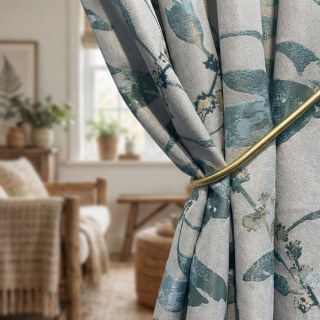 Dans Les Bois Luxe Jacquard Voilages Turquoise Brillant Feuilles avec Détails Dorés 2