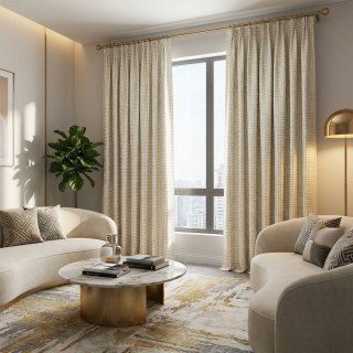 Rideau géométrique luxueux en jacquard à carreaux ivoire et blanc avec des paillettes dorées 3