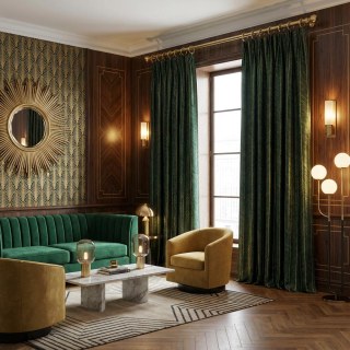 Nouveau Look Luxe Art Déco Chevron Vert Foncé & Or Étincelant Rideau Géométrique 4