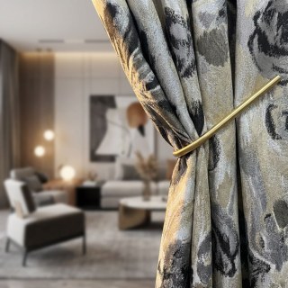 Noir Pétales Noir et Crème Résumé Rideaux Floraux avec Argent Détails 2