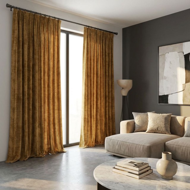 Rideau en velours texturé premium moutarde jaune doré 1