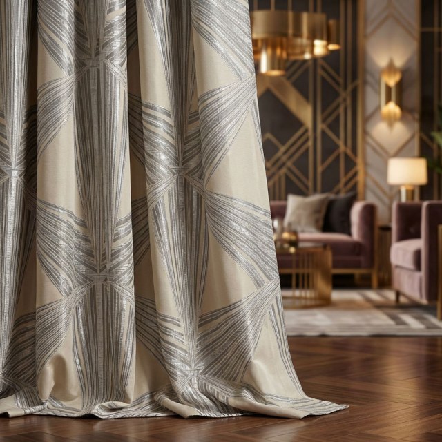 Prism Axis Art Déco Gris et Argent Rideaux Géométriques 1