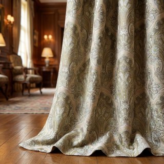 Régale Élégance Jacquard Crème et Vert Olive Rideau Damassé