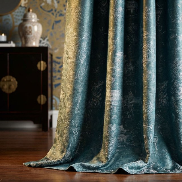 Temple Tranquility Jacquard Chinoiserie Bleu Floral Rideau 1