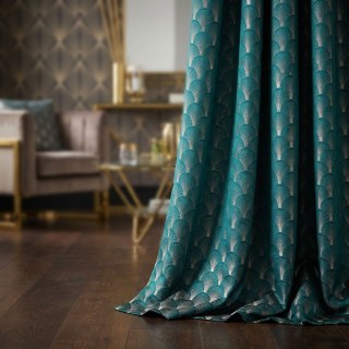 La Luxueuse Rideau Géométrique Turquoise & Argent à Motif Coquillage Art Déco des Années Folles