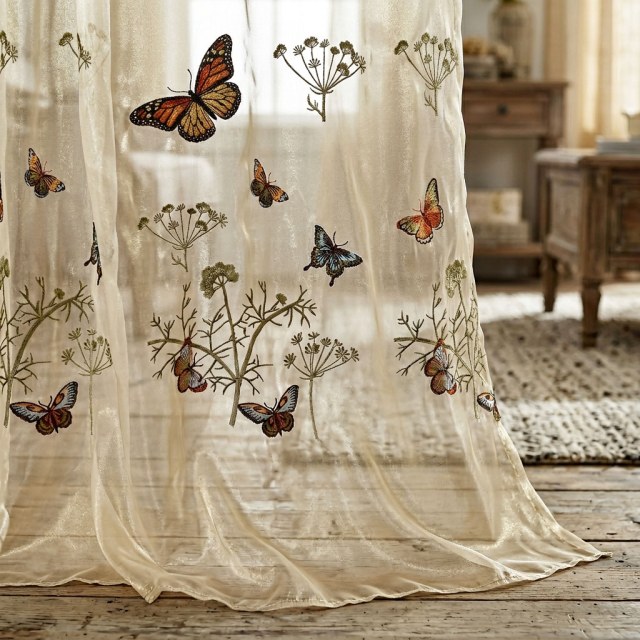 Jardin de Papillons Brodé Floral Organza Voile Rideau 1