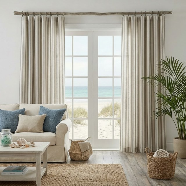 Weave Coastal cailloux gris rayé Linge naturel mélange de coton Rideaux 1