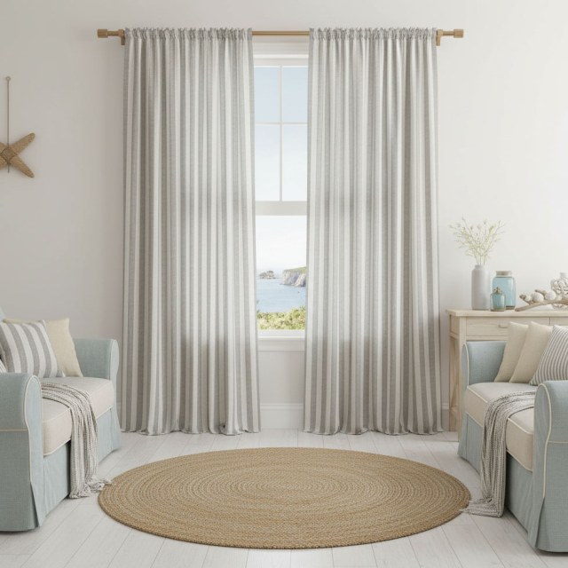 Weave Coastal cailloux gris rayé Linge naturel mélange de coton Rideaux 1