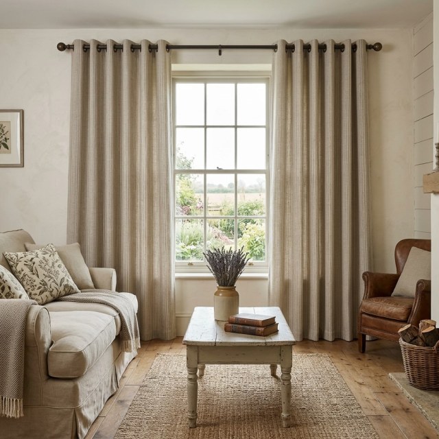 Cottage Lin Coffee Brown rayé naturel Lin Coton Blend Rideaux 1