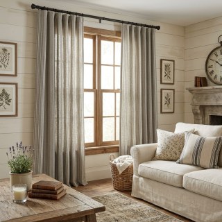 Cottage Lin gris rayé naturel coton mélange Rideaux 2