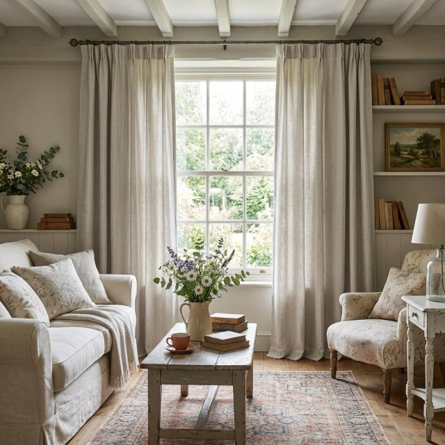 Cottage Lin d'avoine rayé Linge naturel mélange de coton Rideaux 1