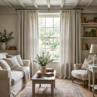 Cottage Lin d'avoine rayé Linge naturel mélange de coton Rideaux