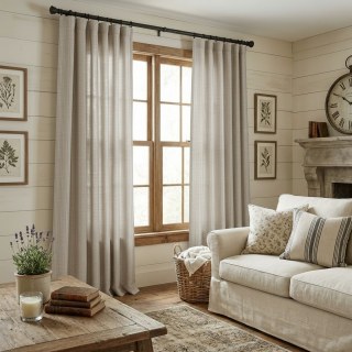 Cottage Lin d'avoine rayé Linge naturel mélange de coton Rideaux 2