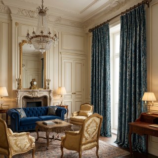 Heritage Luxe Bleu Damas Velours Rideau Doré 4