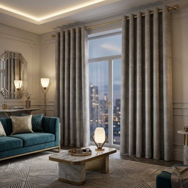 Lily Pad Luxe Jacquard Art Déco Taupe Rideaux géométriques 1