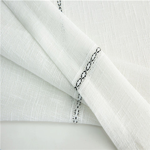 Gracie White Linen Horizontal Band Voile Curtains 1