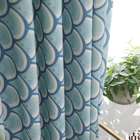 Hello Sunshine Modern Art Deco Blue Floral Curtain 1