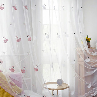 Royalty Sheer Voile Curtains With Embroidered Pink Swans