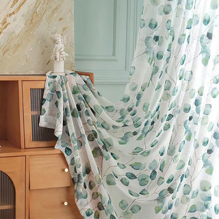 Misty Eucalyptus Green Leaf Watercolour Floral Voile Curtains 4