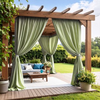 Endless Summer Waterproof Sage Olive Green Linen Style Outdoor Heavy Voile Curtain