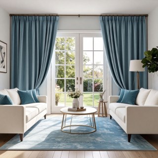 Double Plush Haze Blue Chenille Blackout Curtain 2