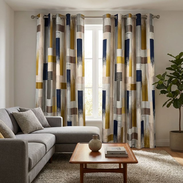 Abstract Strokes Luxury Geometric Black Navy and Yellow Curtain 1