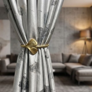 Asian Grove Luxury Jacquard Ginkgo Leaf Patterned Silvery Grey Curtain with Gold Details 4