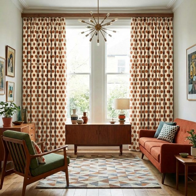 Dottie Delight Mid Century Modern Terracotta Orange Polka Dot Chenille Curtain 1