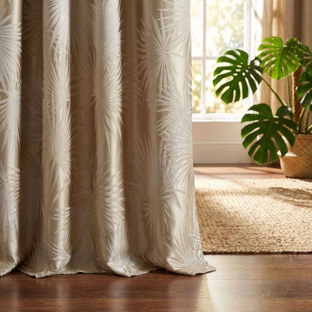 Fan Palm Silhouette Mocha Satin Tropical Leaves Curtain 1