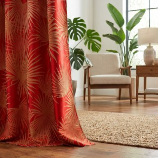 Fan Palm Silhouette Red Satin Tropical Leaves Curtain 2