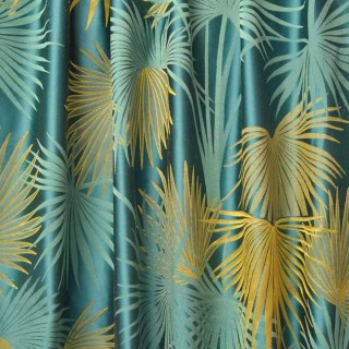 Fan Palm Silhouette Teal and Yellow Satin Tropical Leaves Curtain 4