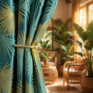 Fan Palm Silhouette Teal and Yellow Satin Tropical Leaves Curtain 3