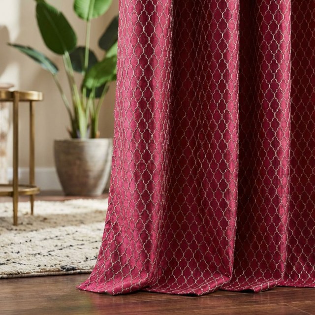 Fancy Trellis 3D Jacquard Burgundy Wine Red Arabesque Curtains with Gold Details 1