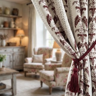 Heirloom Stripe Heavyweight Maroon Reddish Brown Floral Chenille Curtain 2