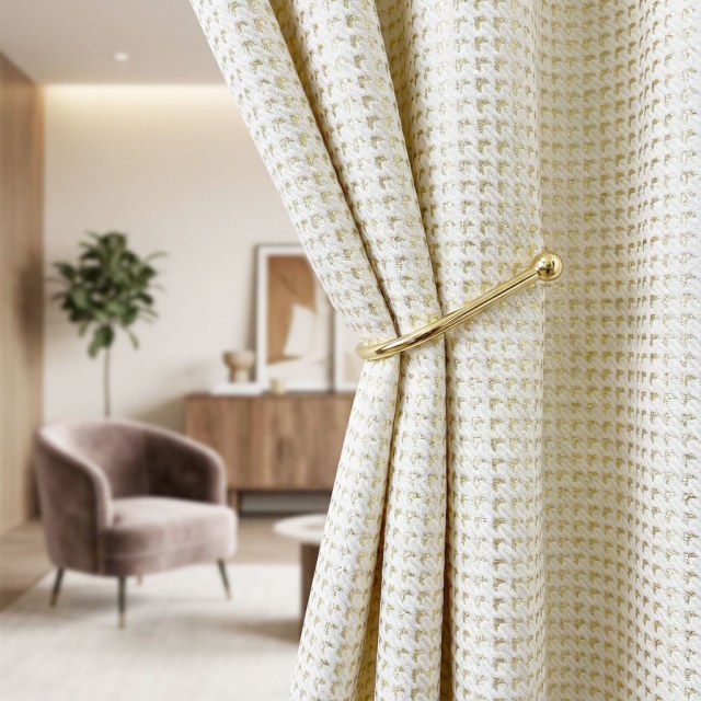 Luxury Jacquard Houndstooth Ivory White and Gold Glitter Geometric Curtain 1