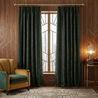 New Look Luxury Art Deco Herringbone Dark Green & Gold Sparkle Geometric Curtain 3