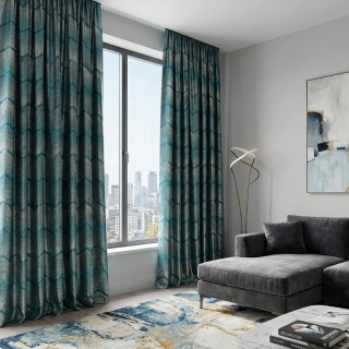 Zigzag Symphony Chevron Teal Blue Faux Silk Modern Geometric Curtains