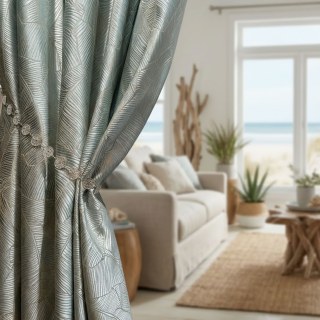 Banana Leaves Luxury 3D Jacquard Duck Egg Blue Curtain