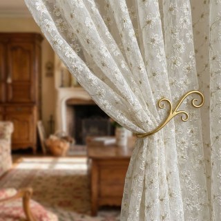 Summertime Embroidered Daisy Ivory White Voile Curtain with Gold Details