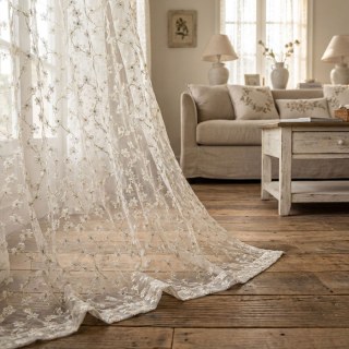Summertime Embroidered Daisy Ivory White Voile Curtain with Gold Details