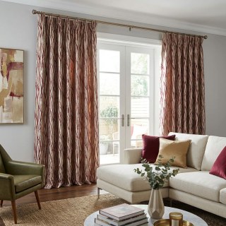 Woven Drift Abstract Geometric Burgundy Wine Red Curtain with Metallic Gold Accents 3