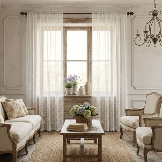 Floral Fantasy Embroidered Scallop Edged Ivory White Voile Curtain 3