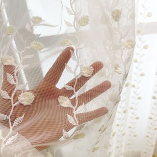 Floral Fantasy Embroidered Scallop Edged Ivory White Voile Curtain 6