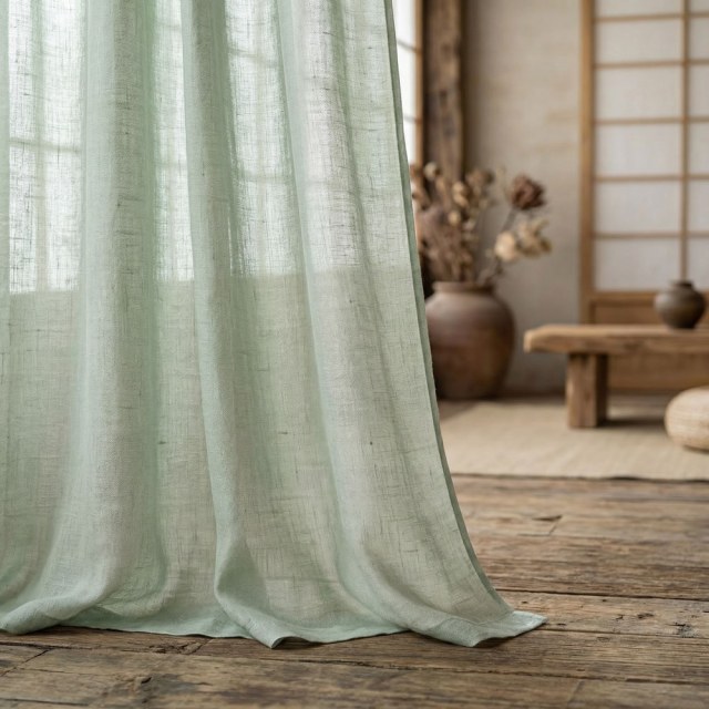 Wabi Sabi Pure Flax Linen Light Sage Green Voile Curtain 1
