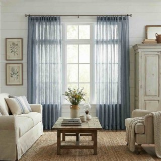 Daytime Textured Weaves Dusky Blue Sheer Voile Curtain