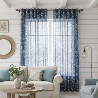 Pascal Navy Blue Vine Print Semi Sheer Voile Curtain 2