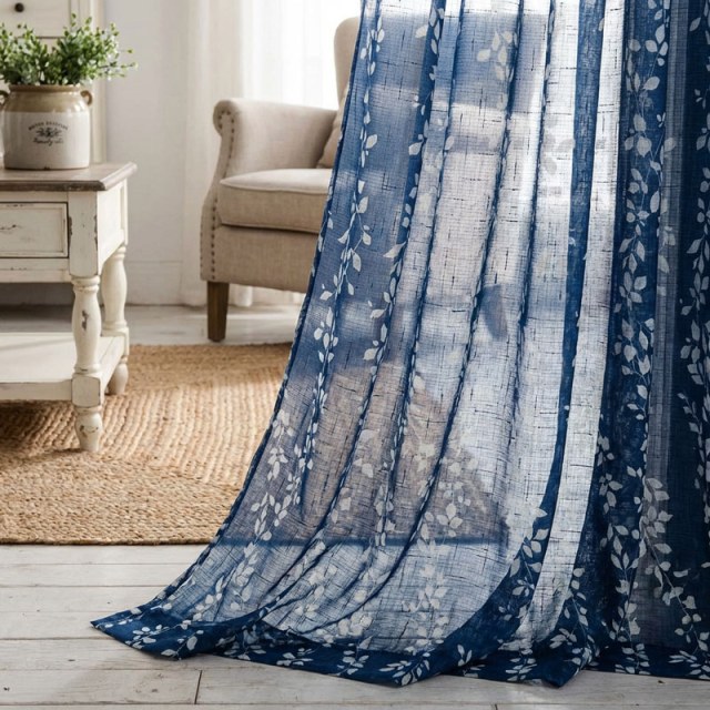 Pascal Navy Blue Vine Print Semi Sheer Voile Curtain 1