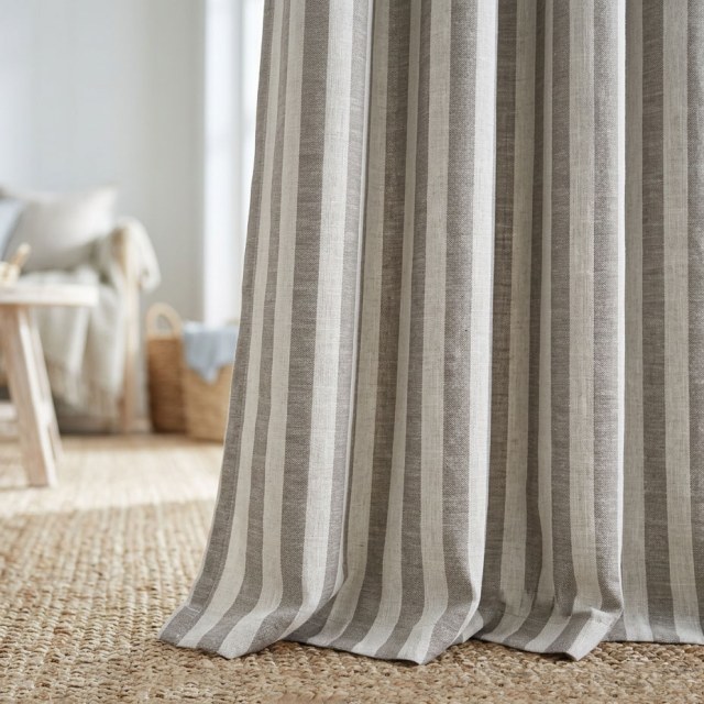Coastal Weave Driftwood Brown Striped Natural Linen Cotton Blend Curtains 1