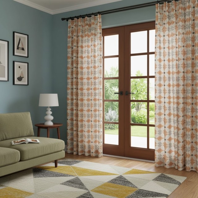 Field of Petals Mid Century Modern Orange Geometric Pattern Curtain 1