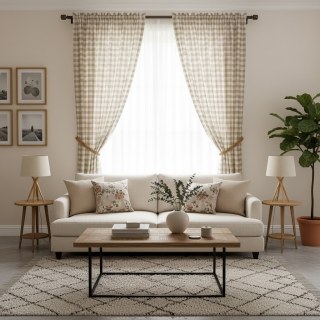 Cottage Charm Mocha Brown Linen Style Gingham Check Plaid Curtains 3